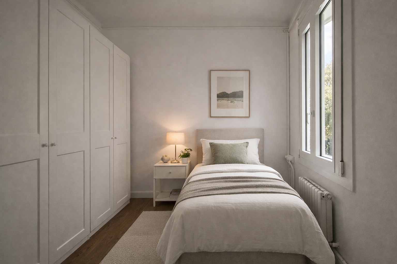 Bedroom with window overlooking the gardens