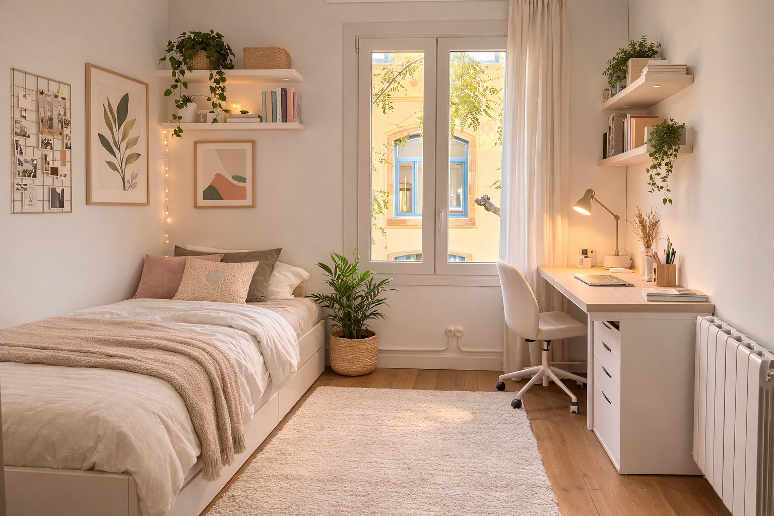 Bedroom with bed, study desk and garden view